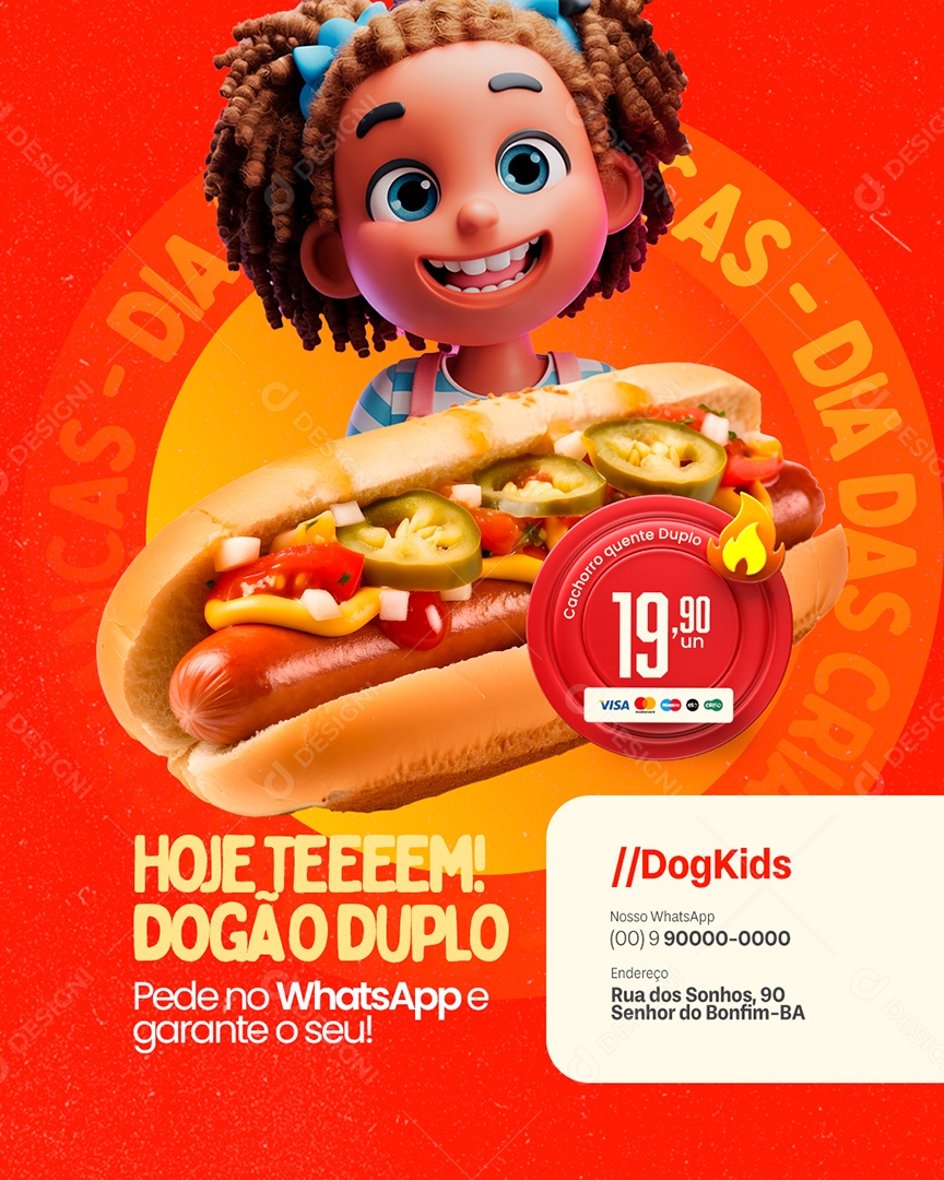 Dogueria Dia das Crianças Hoje Tem Dogão Duplo Social Media PSD Editável