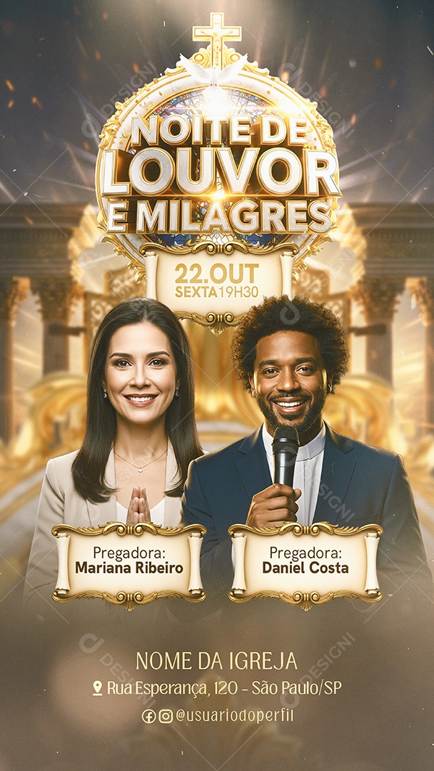 Flyer Gospel Noite de Louvor e Milagres Story Social Media PSD Editável