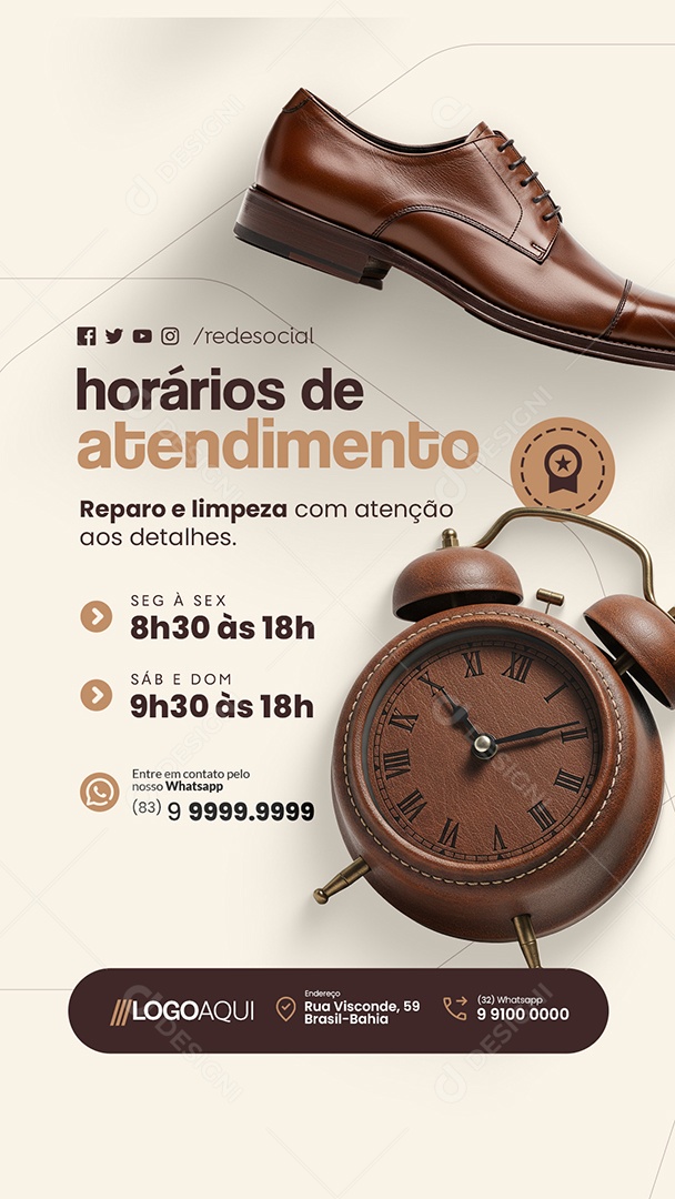 Story Sapateiro Horários de Atendimento Social Media PSD Editável