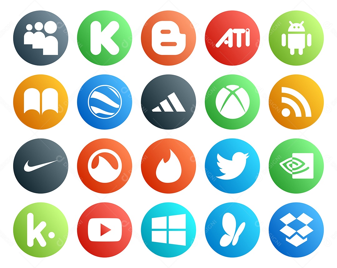 Pacote de 20 Ícones de Mídia Social Colorido Ilustração Vetor EPS