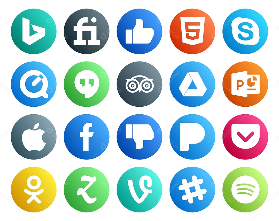 Pacote de 20 Ícones de Mídia Social Colorido Ilustração Vetor EPS