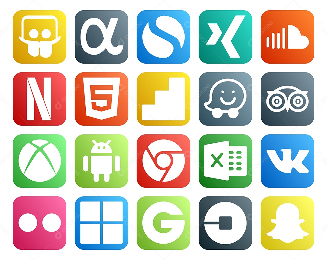 Pacote de 20 Ícones de Mídia Social Colorido Ilustração Vetor EPS