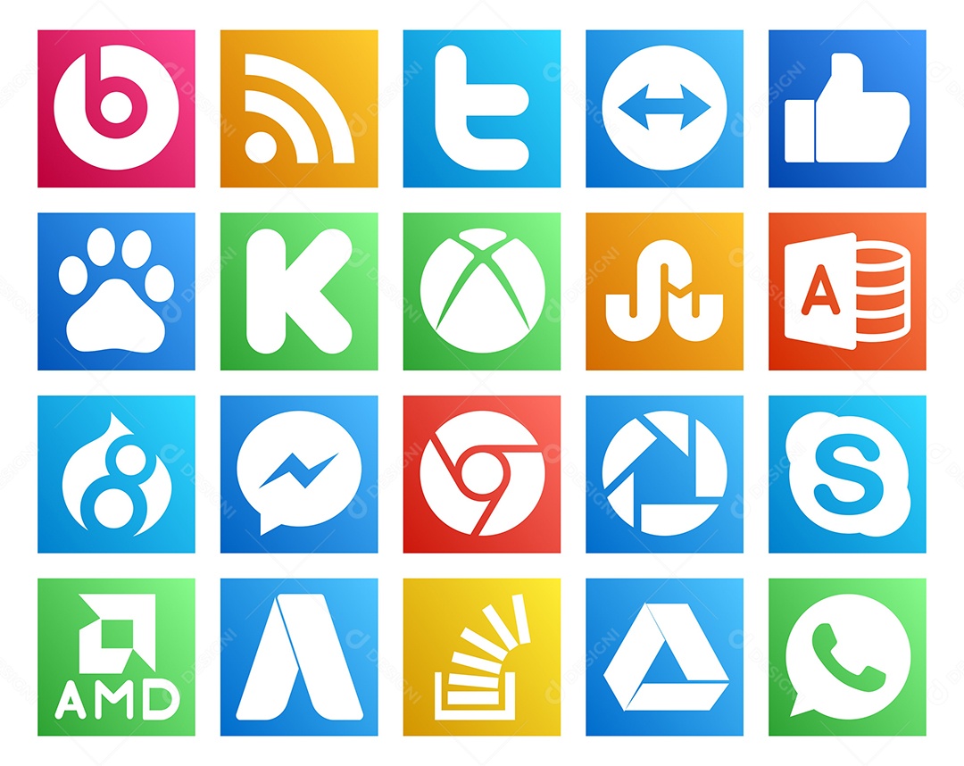 Pacote de 20 Ícones de Mídia Social Colorido Ilustração Vetor EPS