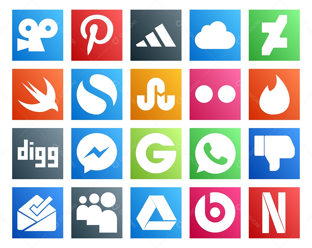 Pacote de 20 Ícones de Mídia Social Colorido Ilustração Vetor EPS