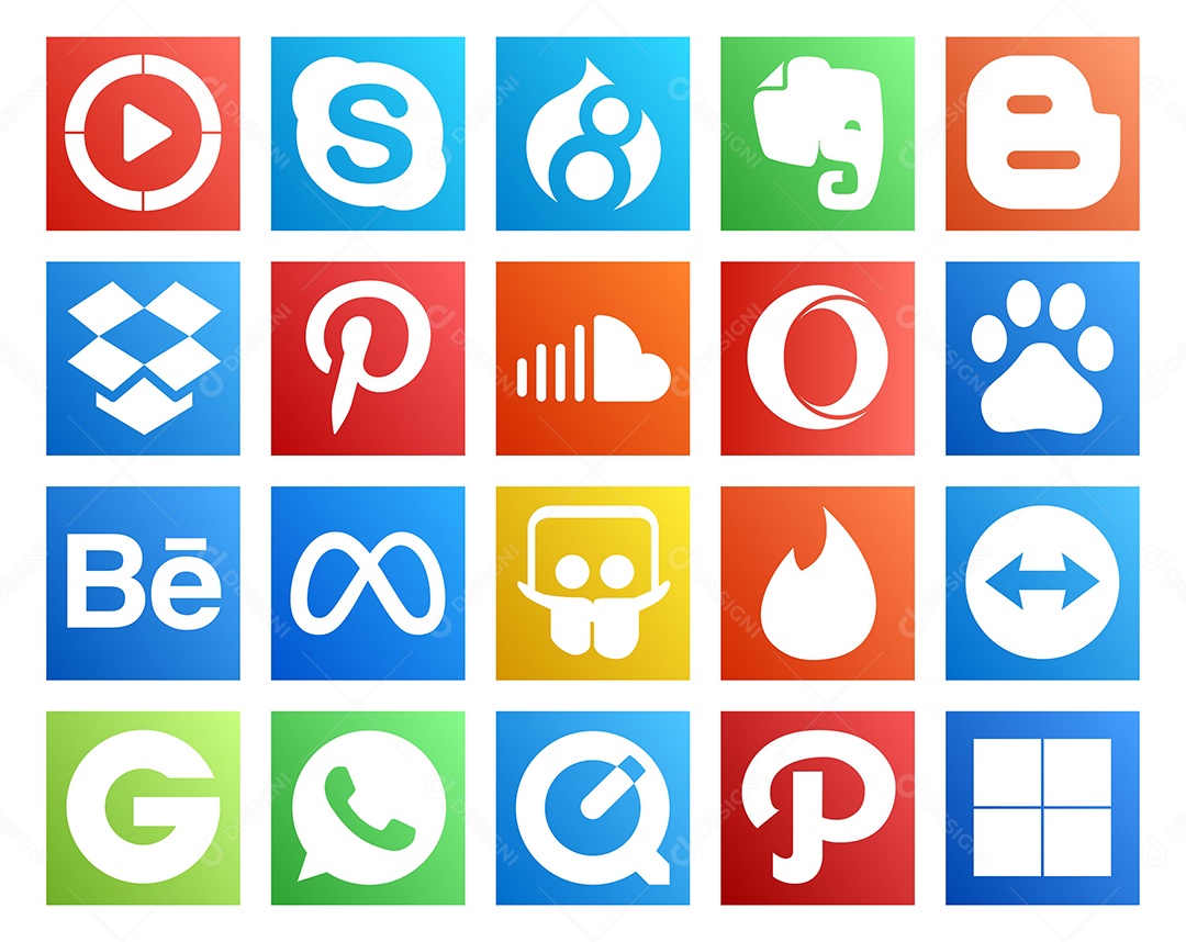 Pacote de 20 Ícones de Mídia Social Colorido Ilustração Vetor EPS