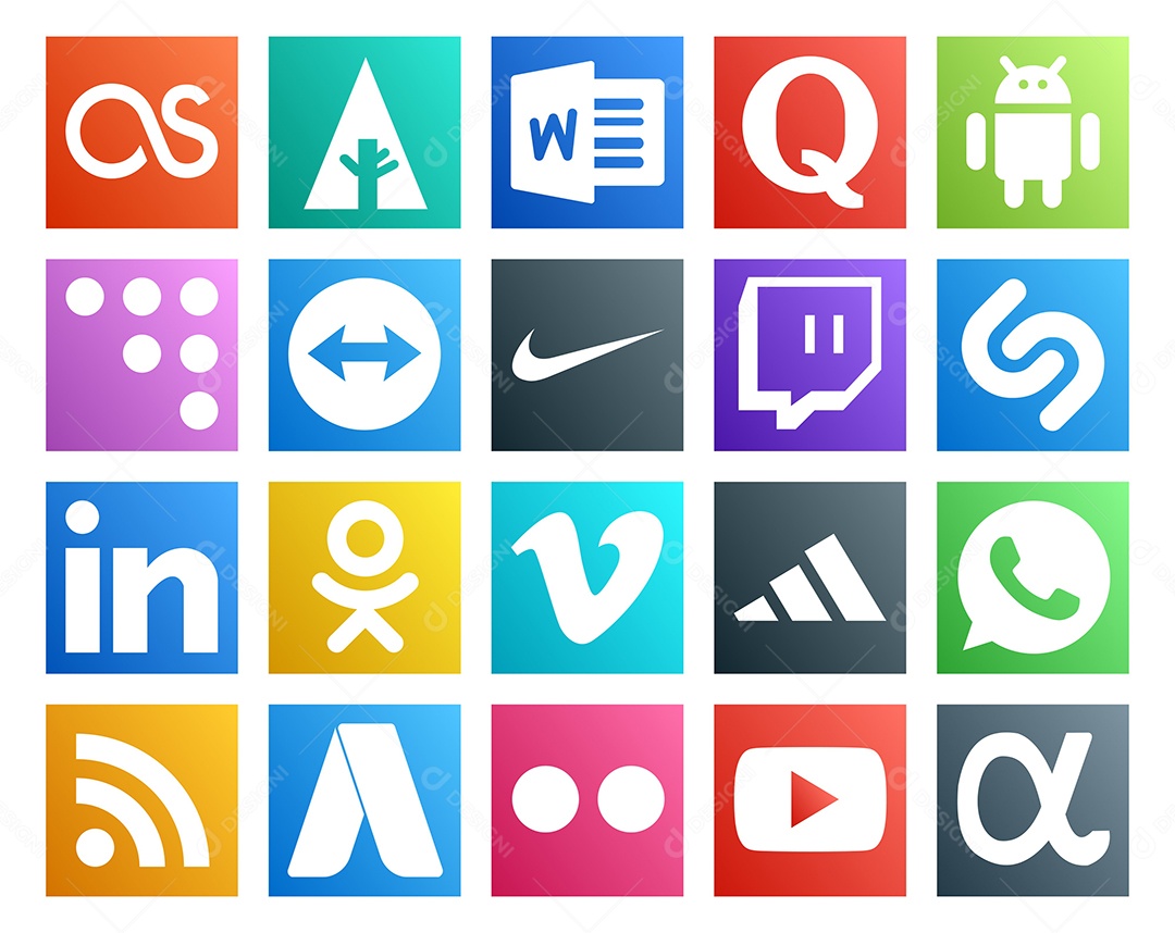 Pacote de 20 Ícones de Mídia Social Colorido Ilustração Vetor EPS