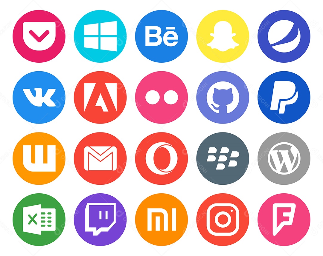 Pacote de 20 Ícones de Mídia Social Colorido Ilustração Vetor EPS