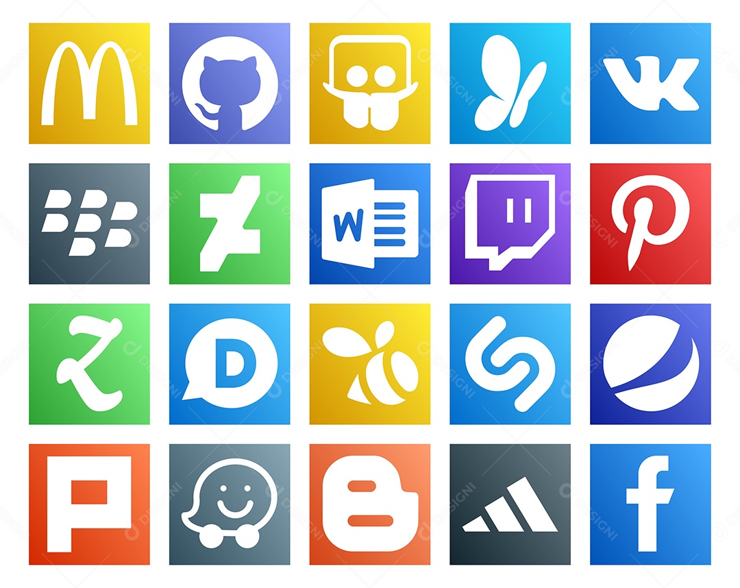 Pacote de 20 Ícones de Mídia Social Colorido Ilustração Vetor EPS