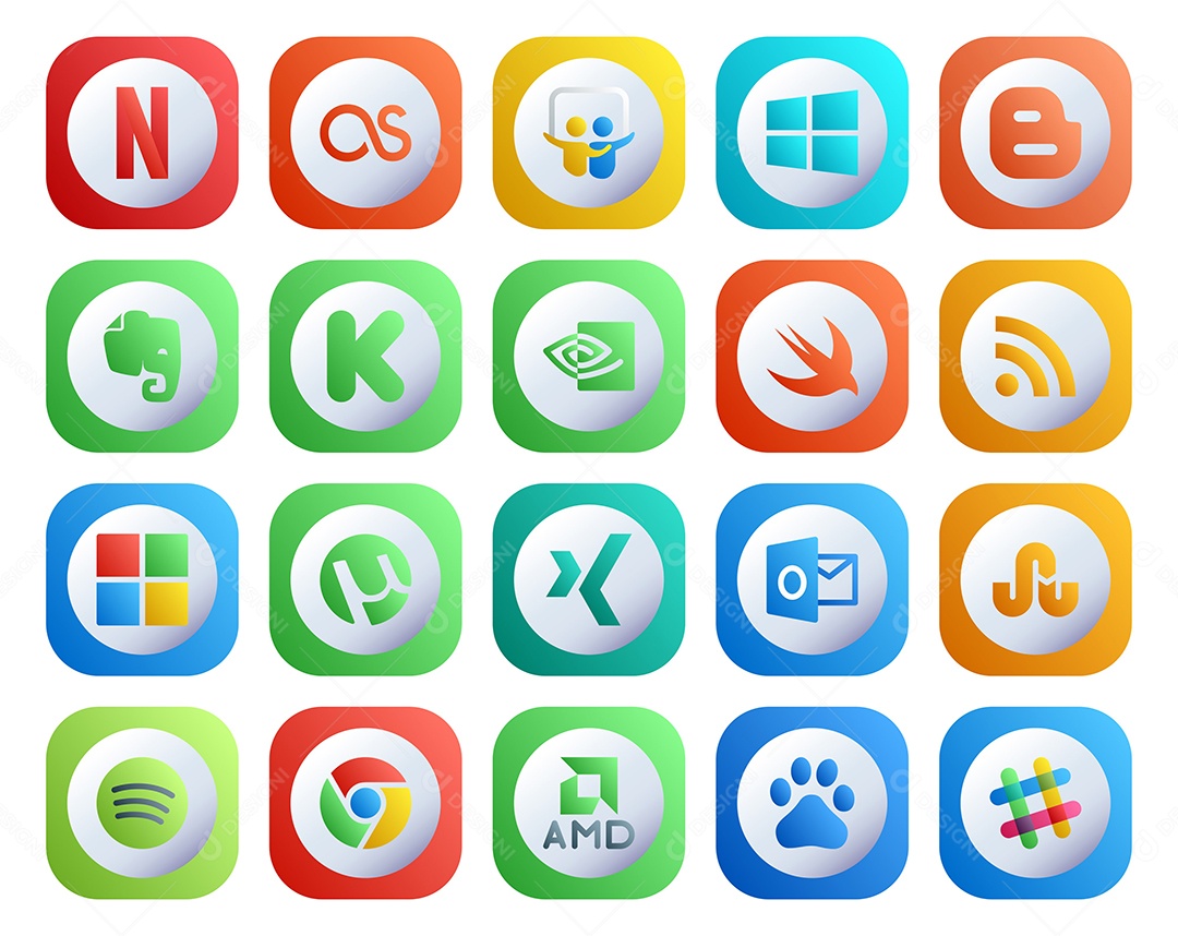 Pacote de 20 Ícones de Mídia Social Colorido Ilustração Vetor EPS