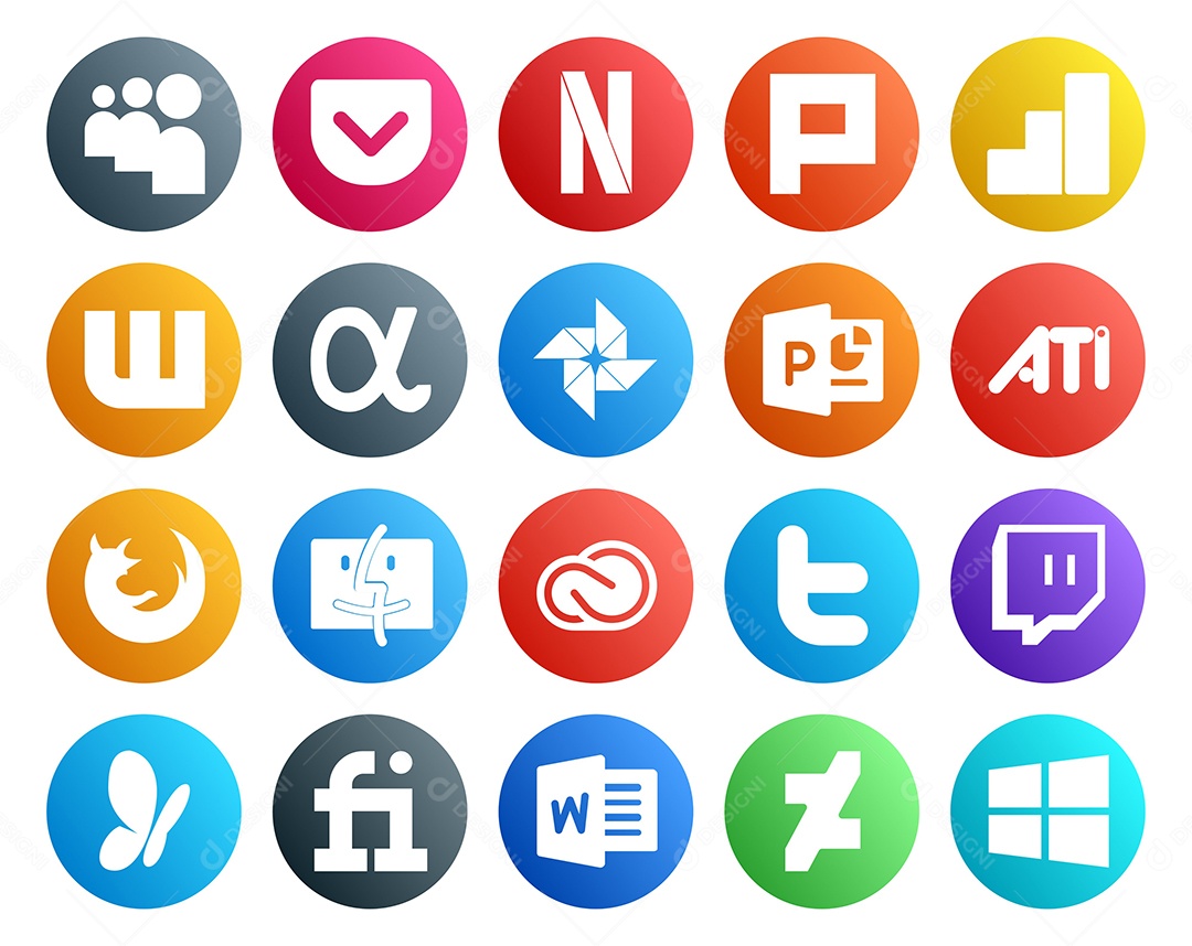 Pacote de 20 Ícones de Mídia Social Colorido Ilustração Vetor EPS