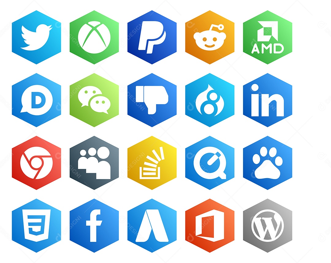 Pacote de 20 Ícones de Mídia Social Colorido Ilustração Vetor EPS