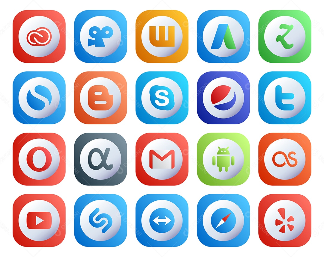 Pacote de 20 Ícones de Mídia Social Colorido Ilustração Vetor EPS