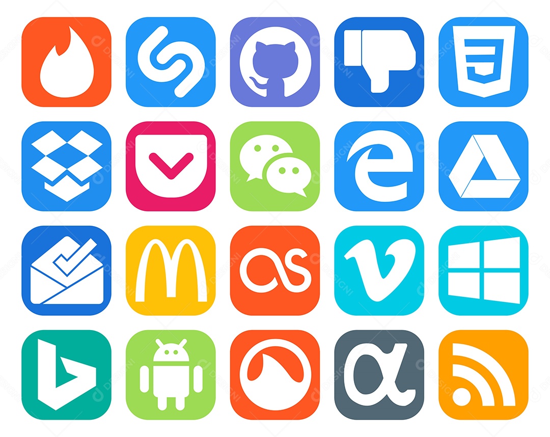 Pacote de 20 Ícones de Mídia Social Colorido Ilustração Vetor EPS