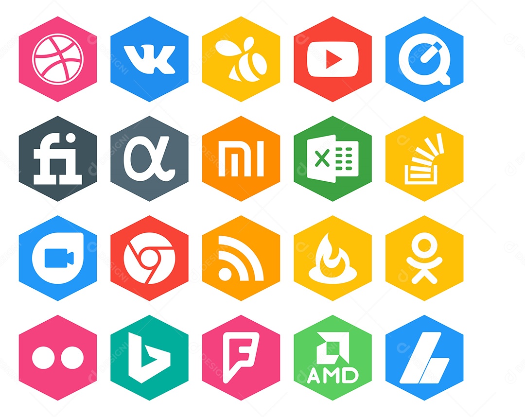 Pacote de 20 Ícones de Mídia Social Colorido Ilustração Vetor EPS