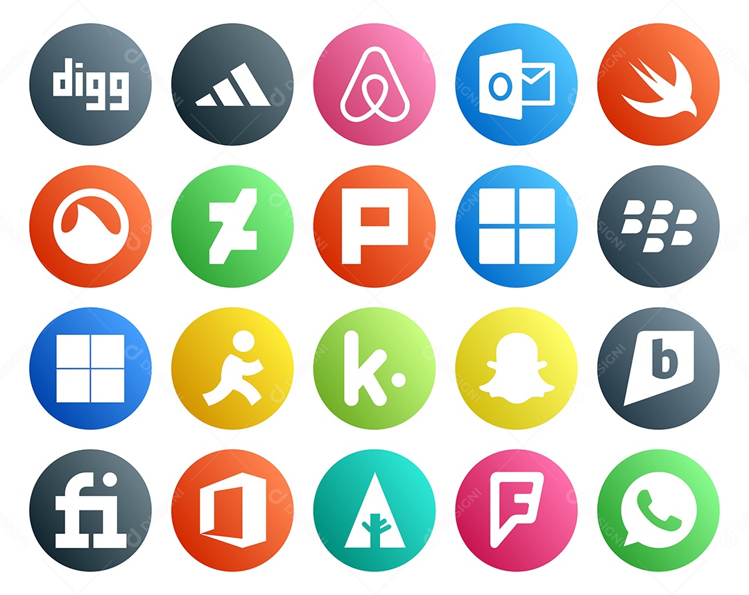 Pacote de 20 Ícones de Mídia Social Colorido Ilustração Vetor EPS