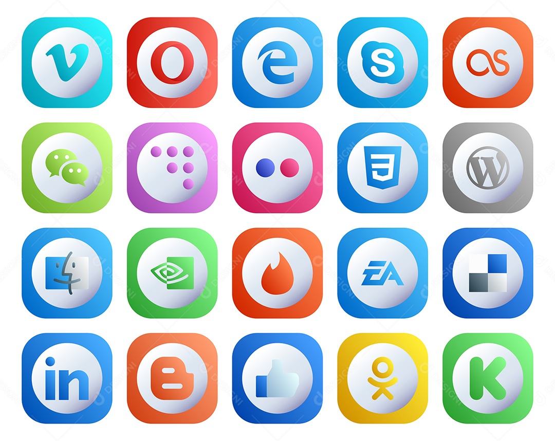 Pacote de 20 Ícones de Mídia Social Colorido Ilustração Vetor EPS