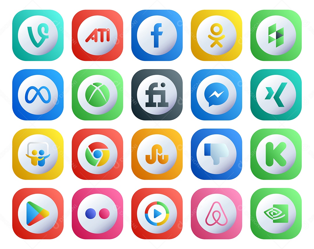 Pacote de 20 Ícones de Mídia Social Colorido Ilustração Vetor EPS