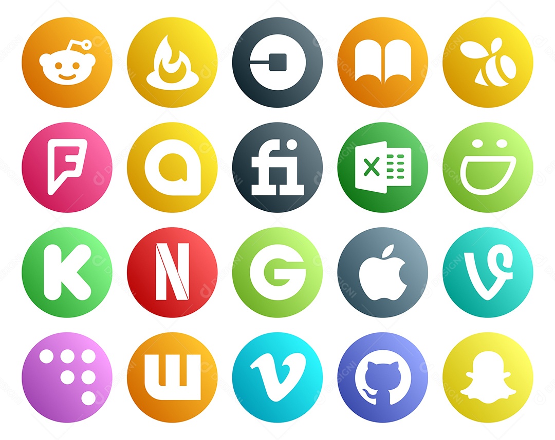 Pacote de 20 Ícones de Mídia Social Colorido Ilustração Vetor EPS