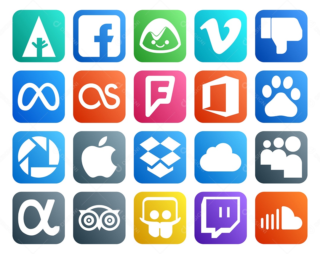 Pacote de 20 Ícones de Mídia Social Colorido Ilustração Vetor EPS