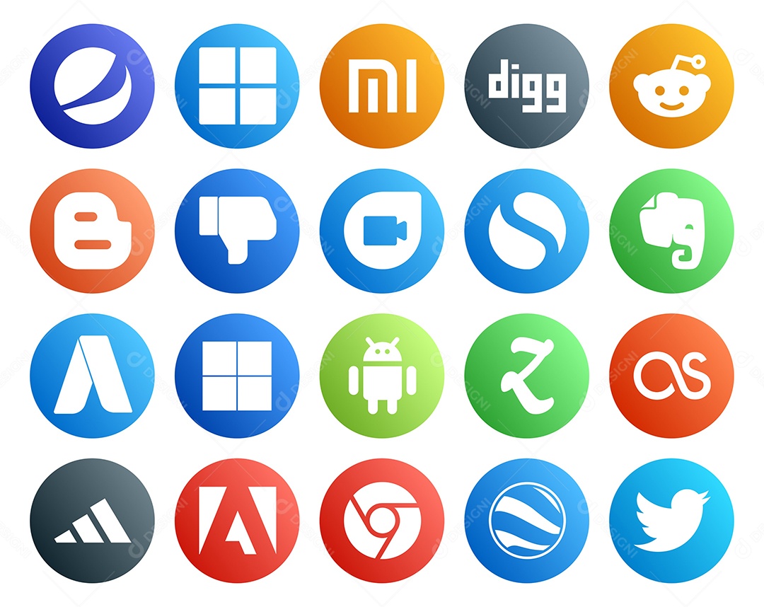 Pacote de 20 Ícones de Mídia Social Colorido Ilustração Vetor EPS