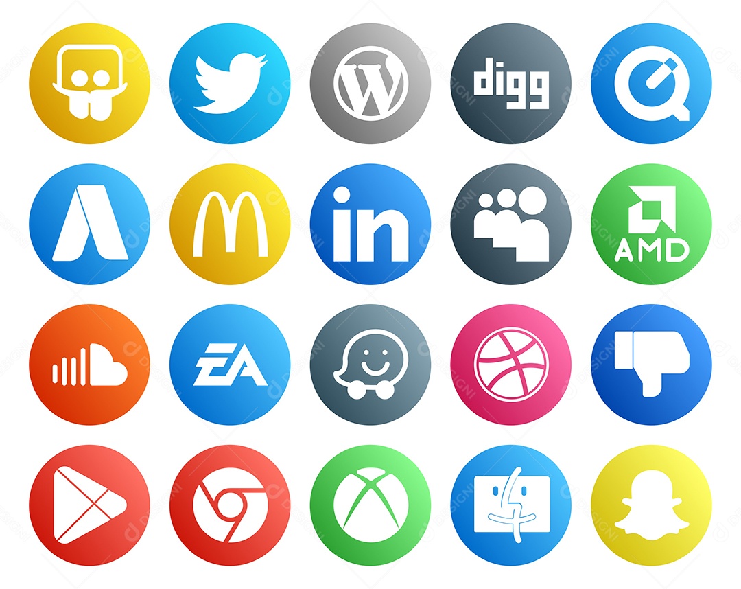 Pacote de 20 Ícones de Mídia Social Colorido Ilustração Vetor EPS