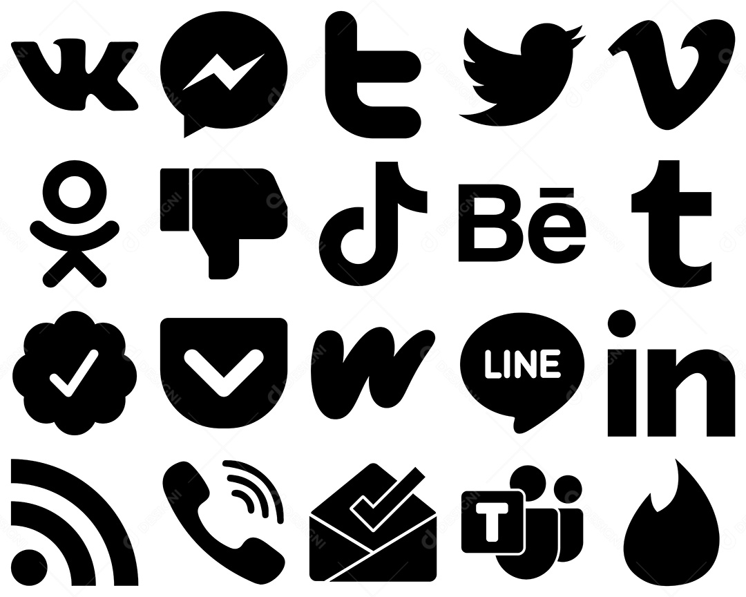 Pacote de 20 Ícones de Mídia Social Preto e Branco Ilustração Vetor EPS