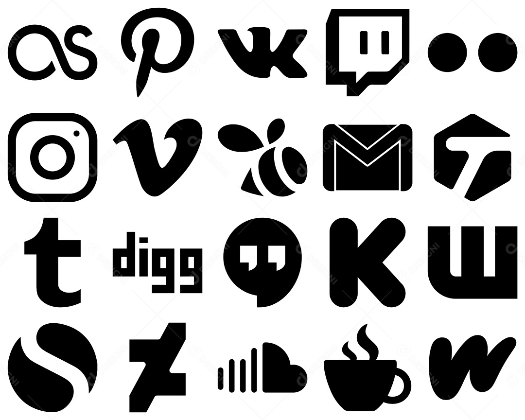 Pacote de 20 Ícones de Mídia Social Preto e Branco Ilustração Vetor EPS