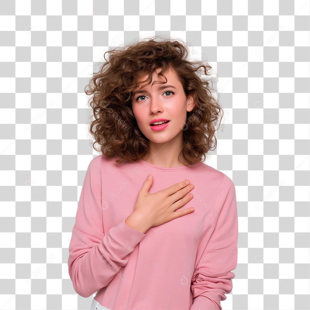 Mulher com Mão no Peito Outubro Rosa PNG Transparente