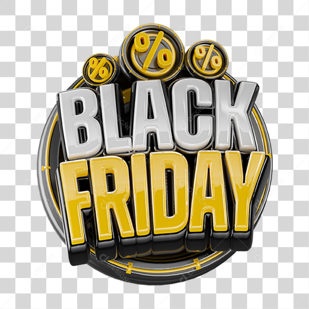 Logo Black Friday Dourado com Porcentagem em Destaque e Efeito Realista PNG Transparente