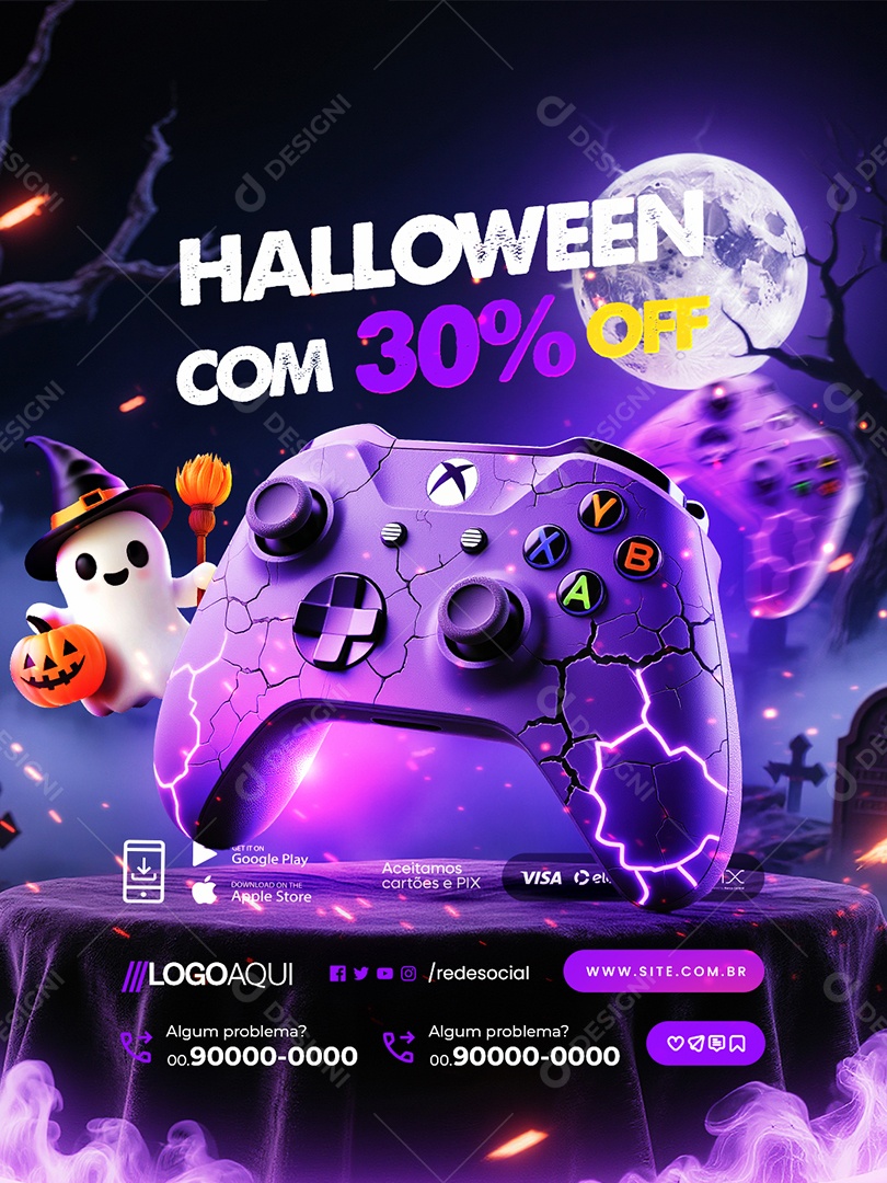 Loja de Games Halloween com 30% Off Social Media PSD Editável