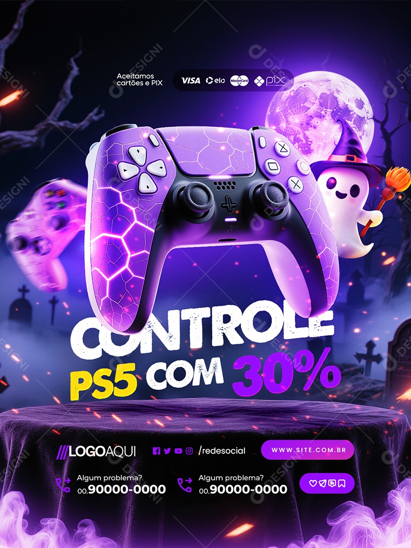 Loja de Games Controle PS5 com 30% Social Media PSD Editável