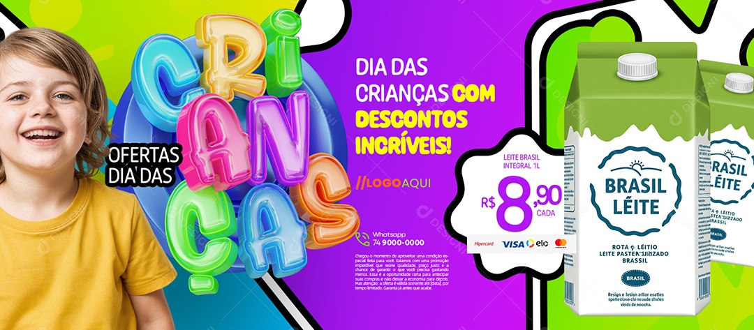 Banner Ofertas Dia das Crianças Supermercado Descontos Incríveis Leite Integral Social Media PSD Editável