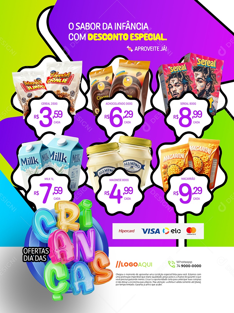 Ofertas Dia das Crianças Supermercado Encarte o Sabor da Infância Social Media PSD Editável