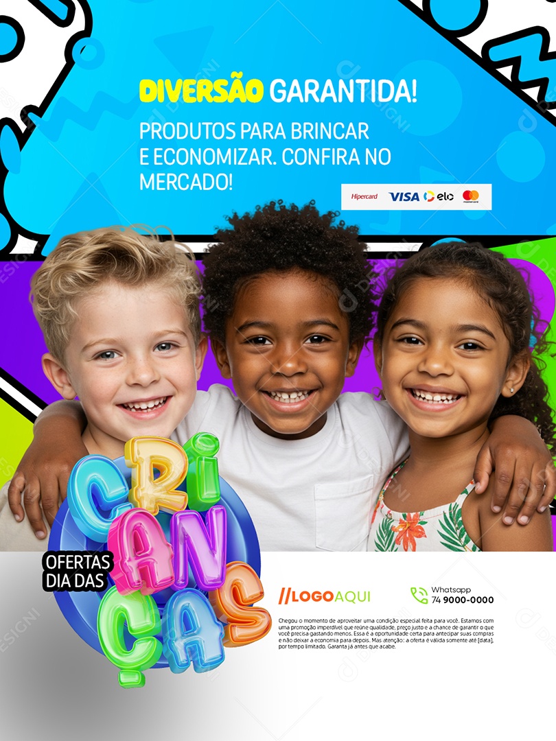 Ofertas Dia das Crianças Supermercado Diversão Garantida Social Media PSD Editável