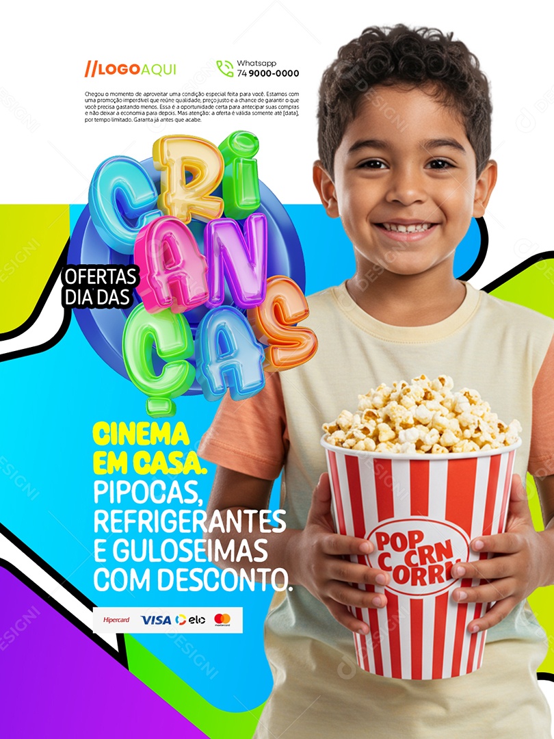 Ofertas Dia das Crianças Supermercado Cinema em Casa Pipocas Social Media PSD Editável