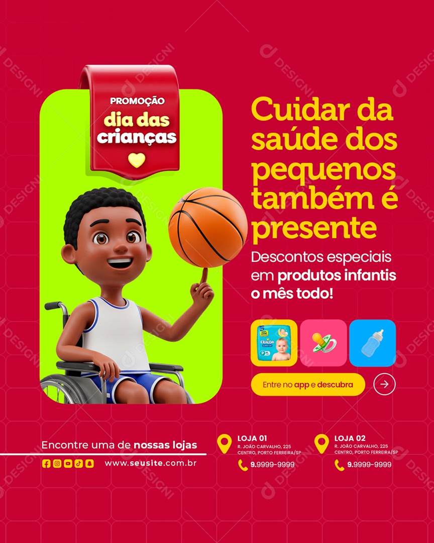 Farmácia Promoção Dia das Crianças Cuidar da Saúde dos Pequenos Social Media PSD Editável