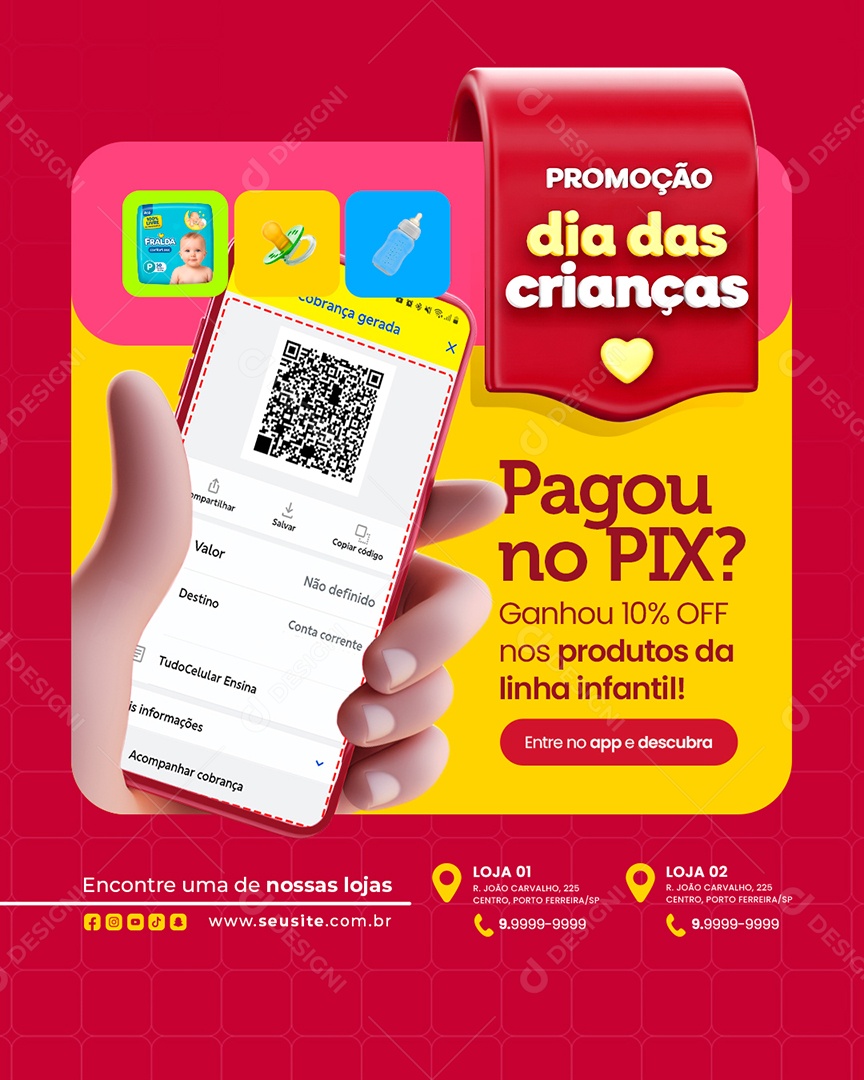 Farmácia Promoção Dia das Crianças Pagou no Pix Ganhou 10% Off Social Media PSD Editável