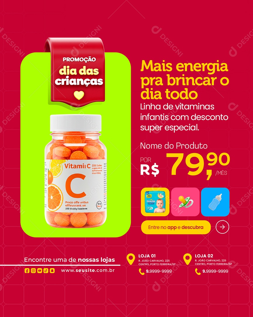 Farmácia Promoção Dia das Crianças Mais Energia pra Brincar o Dia Todo Social Media PSD Editável