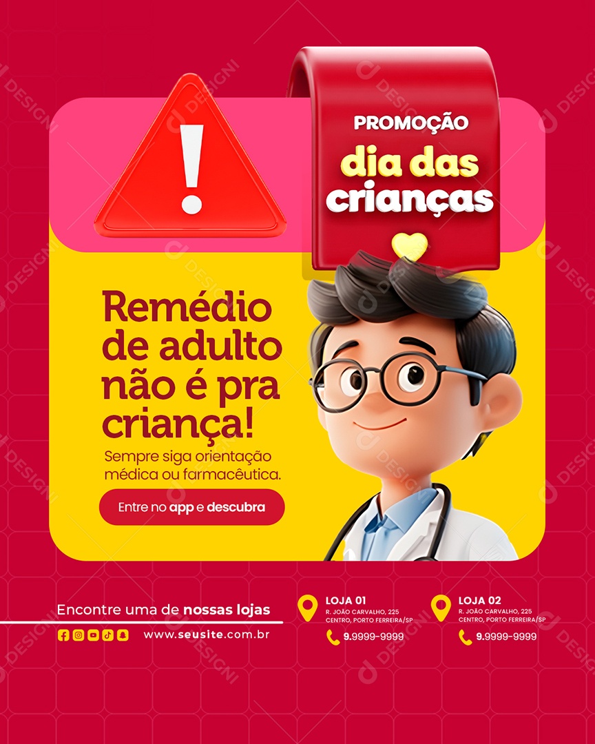 Farmácia Promoção Dia das Crianças Remédio de Adulto Não é pra Criança Social Media PSD Editável