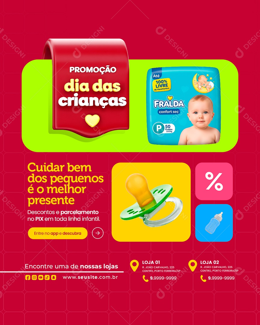 Farmácia Promoção Dia das Crianças Cuidar Bem dos Pequenos Social Media PSD Editável