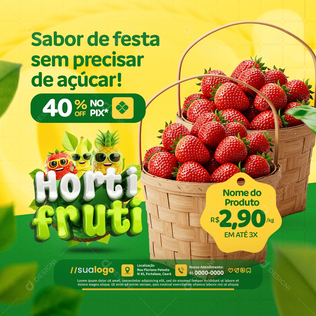Hortifruti Dia das Crianças Morango Sabor de Festa Social Media PSD Editável