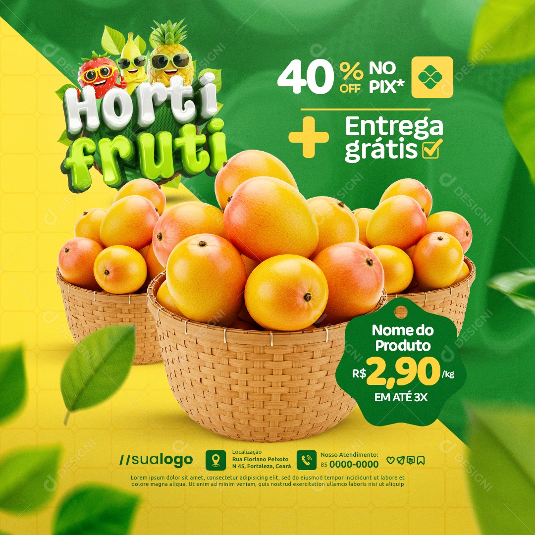 Hortifruti Dia das Crianças Entrega Grátis 40% no Pix Social Media PSD Editável