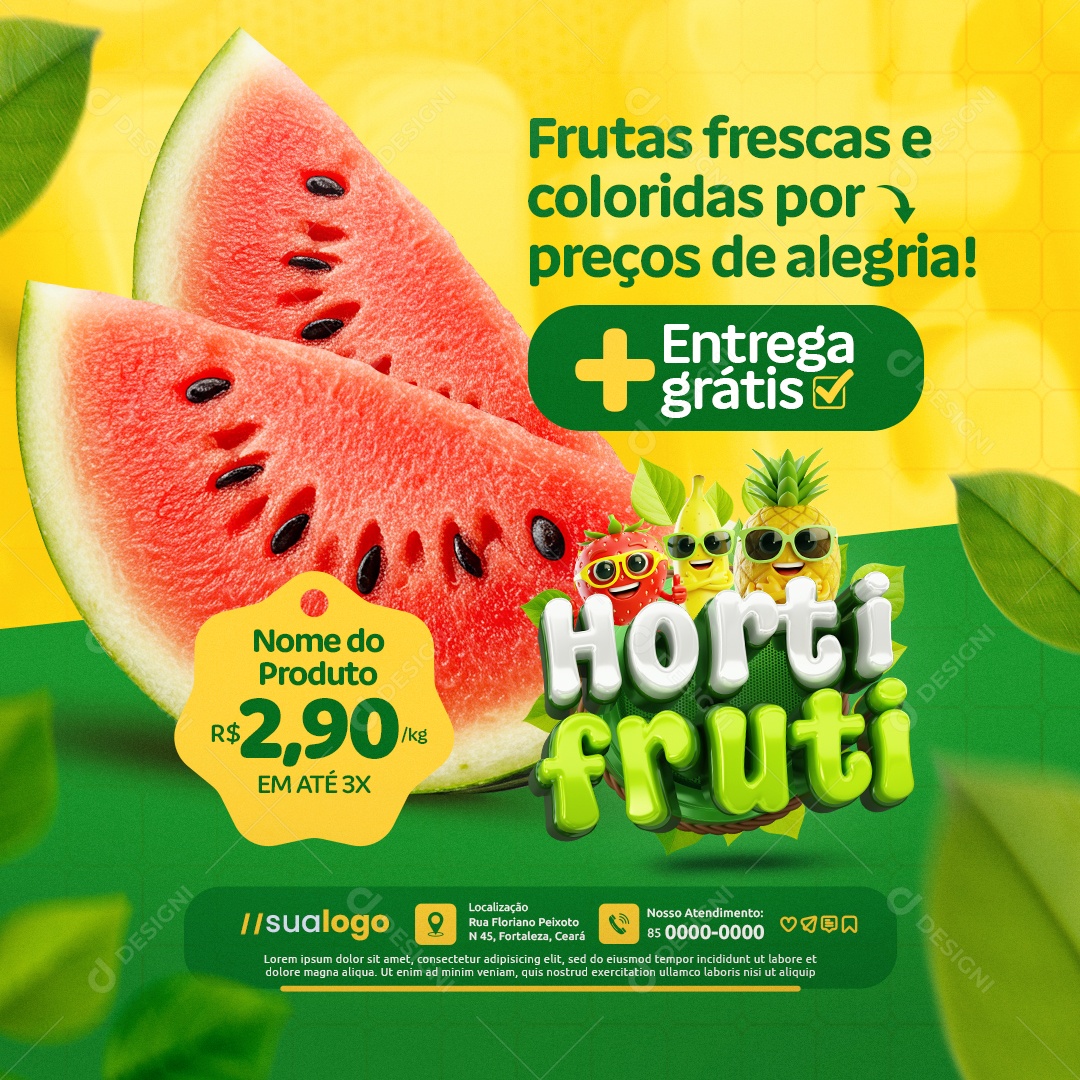 Hortifruti Dia das Crianças Melancia Frutas Frescas Social Media PSD Editável