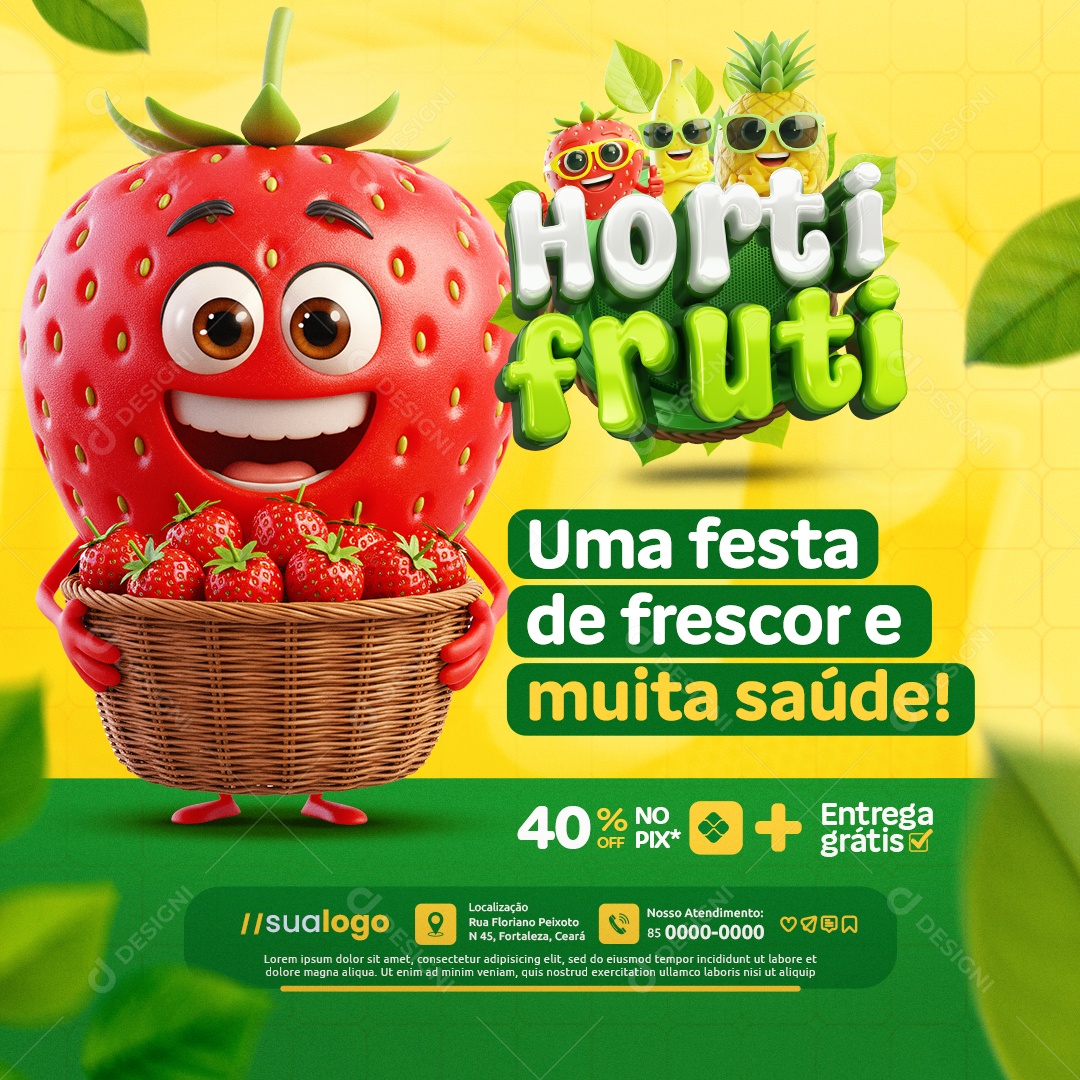 Hortifruti Dia das Crianças Morango Uma Festa de Frescor e Muita Saúde Social Media PSD Editável