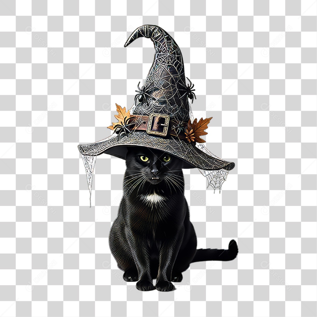 Gato Preto com Chapéu Decoração de Halloween PNG Transparente