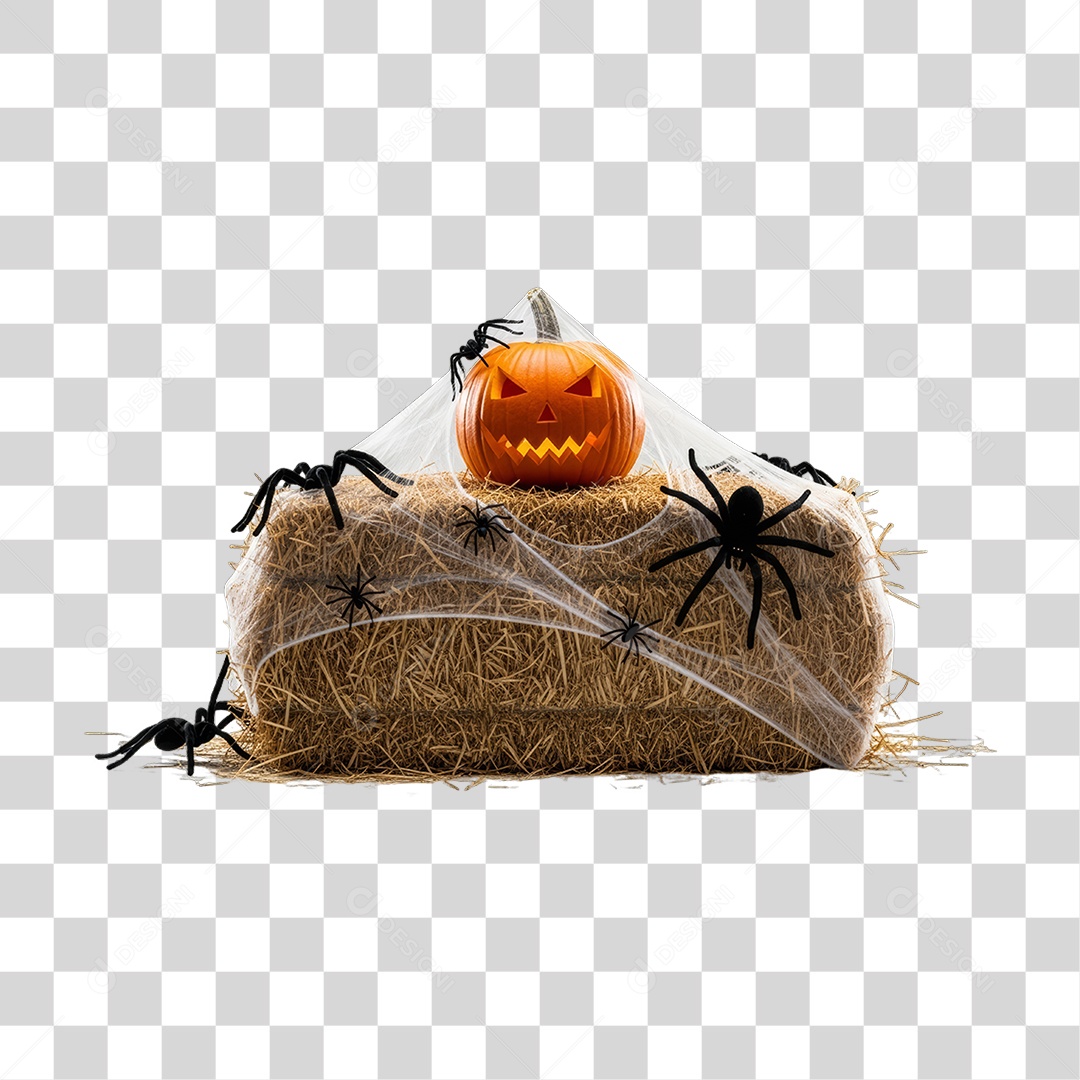Feno com Abóbora e Aranhas Decoração de Halloween PNG Transparente