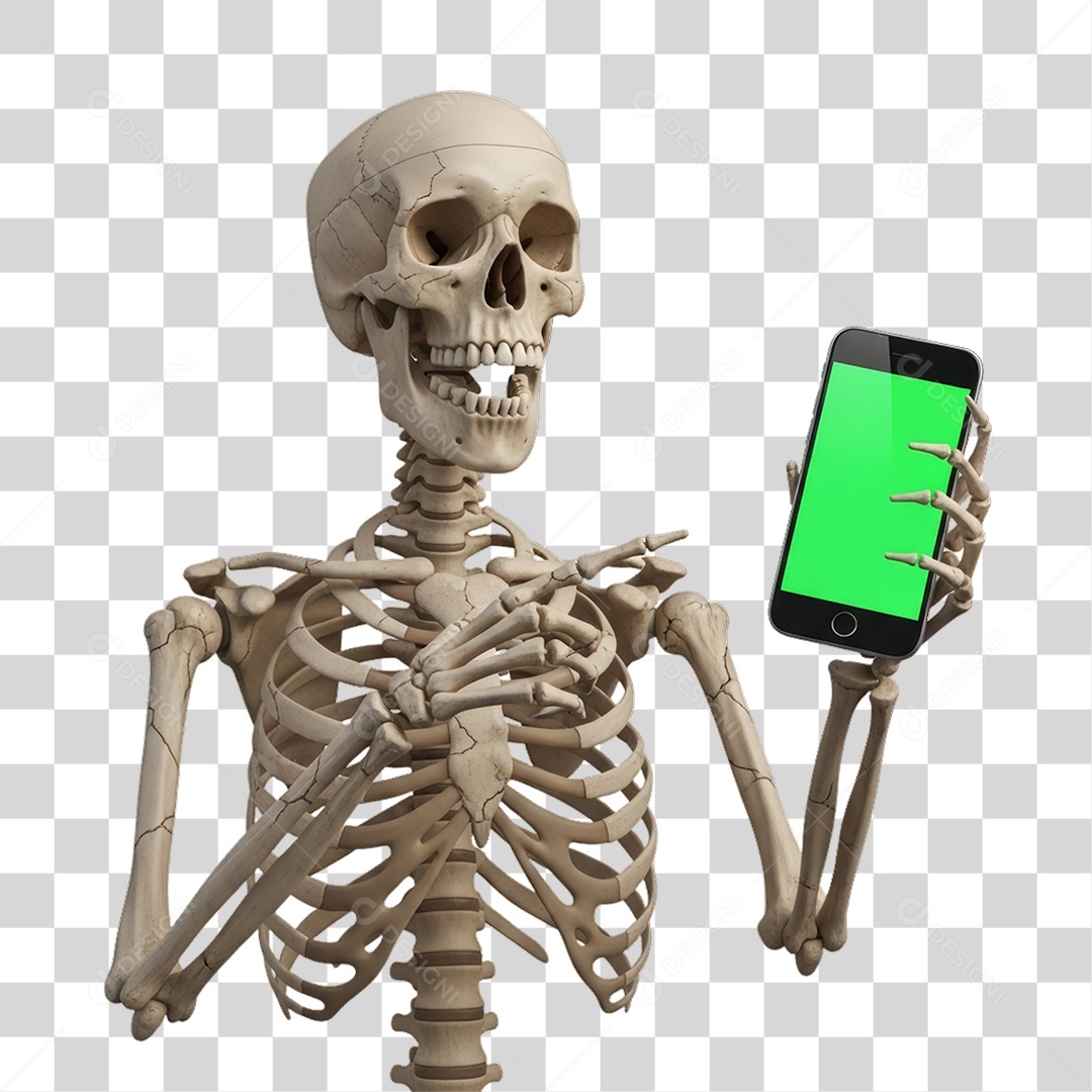 Esqueleto com Celular e Chroma Key Decoração de Halloween PNG Transparente