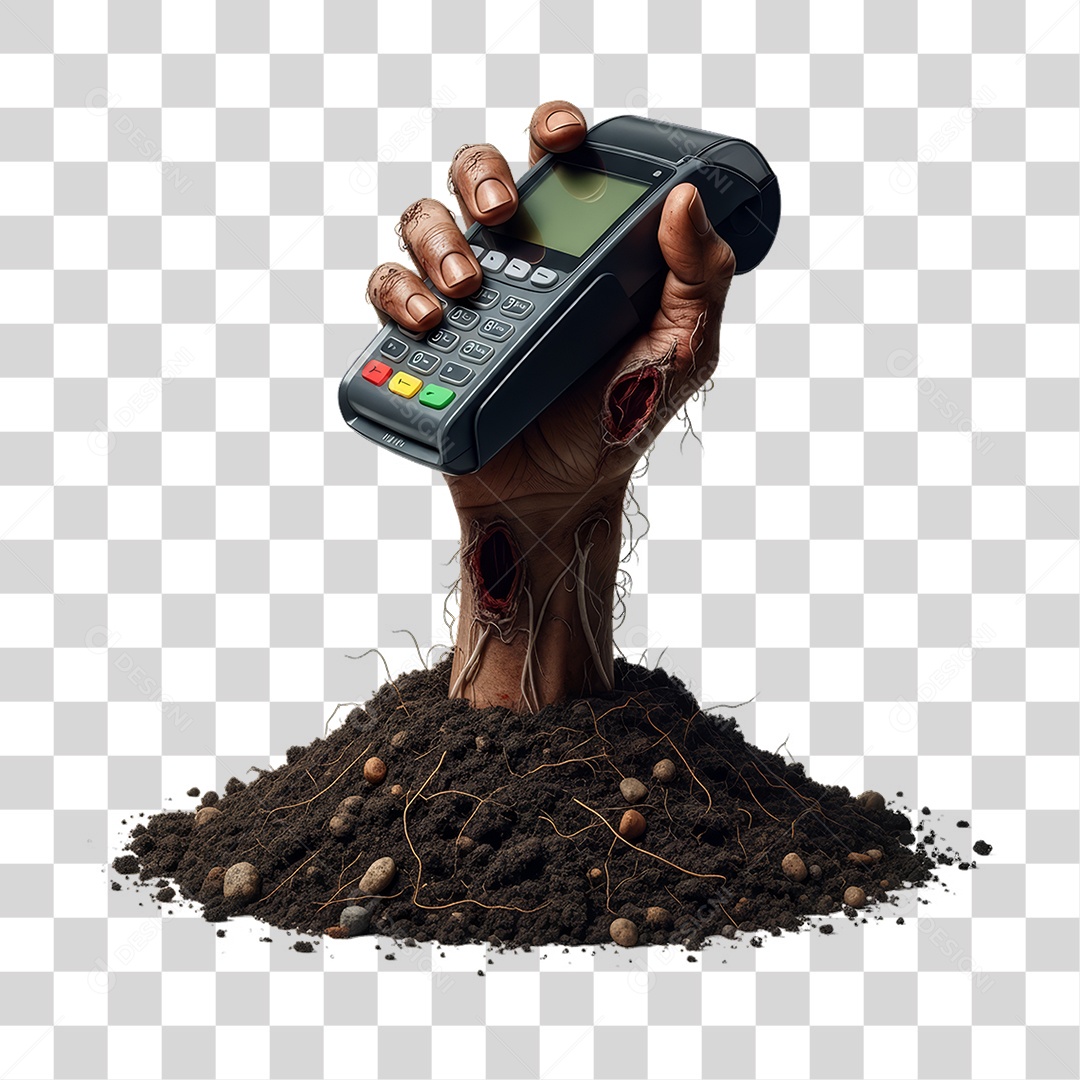 Mão Saindo da Terra com Maquina de Cartão Decoração de Halloween PNG Transparente