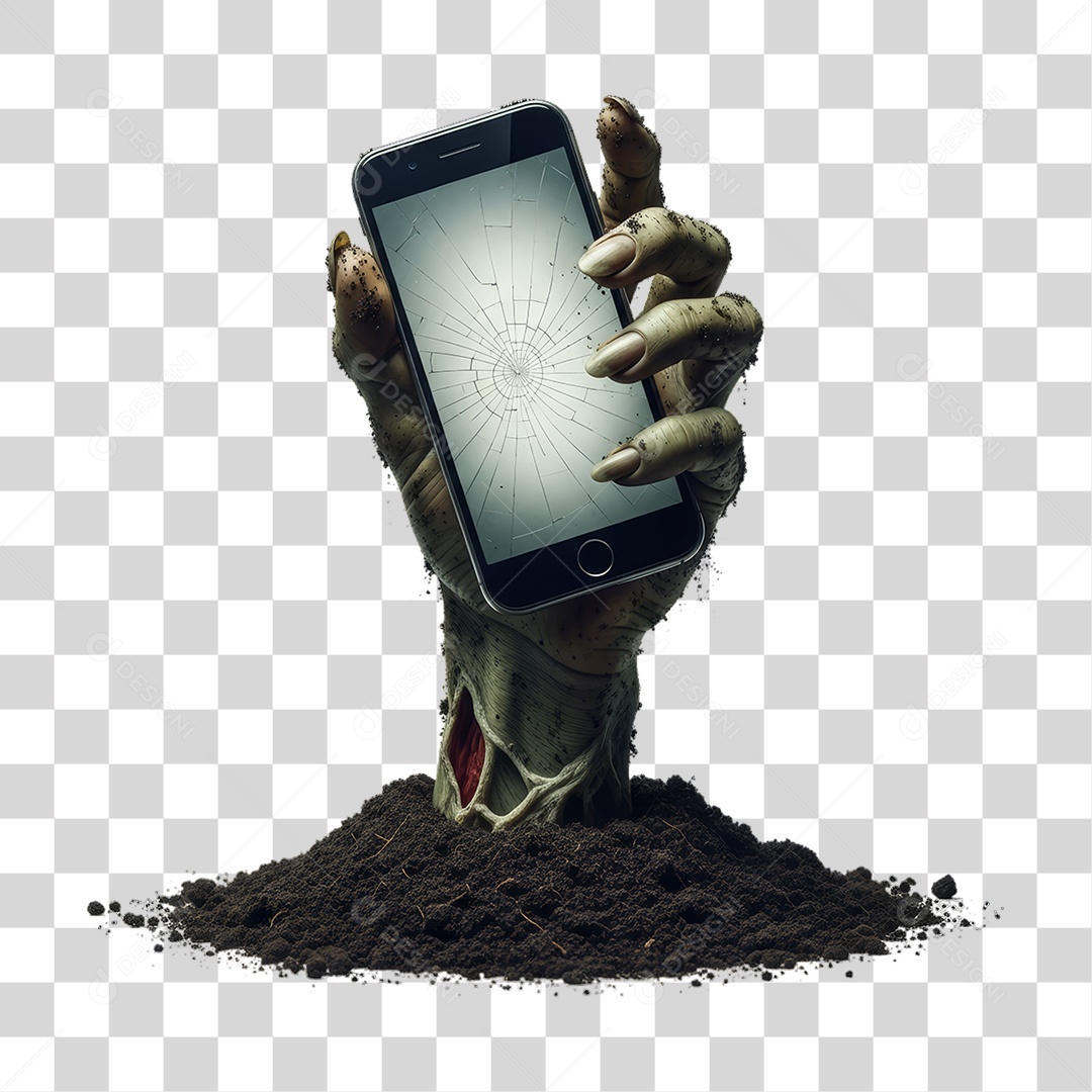 Mão Saindo da Terra com Celular Decoração de Halloween PNG Transparente