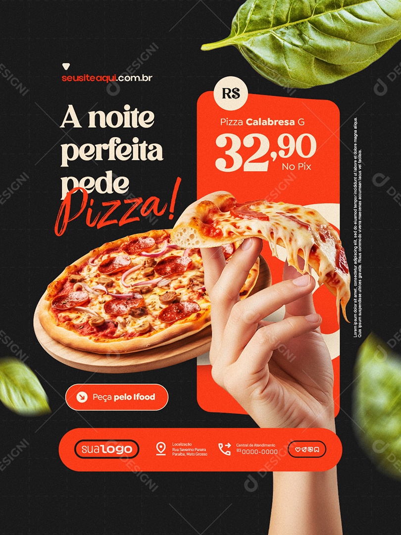Pizzaria a Noite Perfeita Pede Pizzza Calabresa Social Media PSD Editável